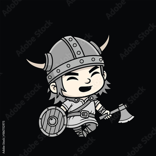 Cartoon Viking Warrior with Axe and Shield Ready for Battle.