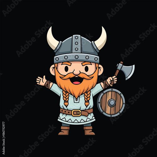 Cartoon Viking Warrior with Axe and Shield Illustration.