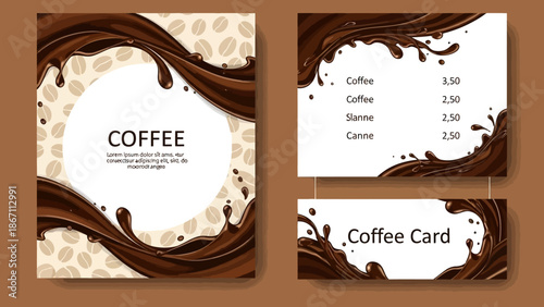 A square flyer and two rectangular cards featuring a coffee theme with chocolate splashes and coffee beans.