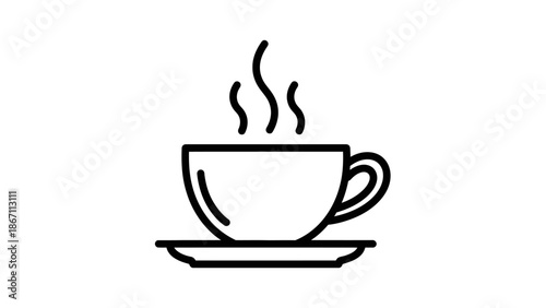 A simple black and white line drawing of a steaming cup of coffee on a saucer.