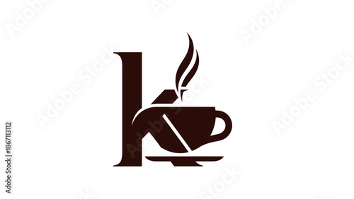A stylized letter K logo design featuring a coffee cup and saucer with steam rising.