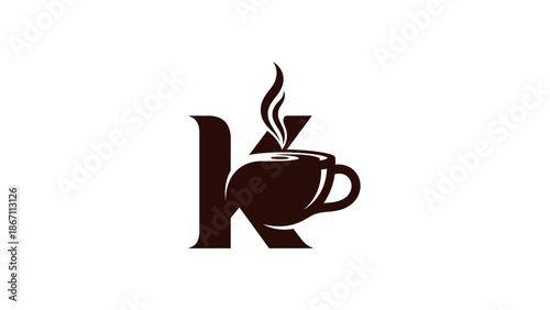 A stylized letter K logo design featuring a coffee cup with steam rising.