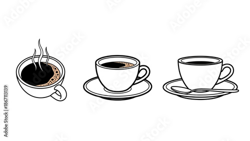 Three different cups of coffee, one steaming, on saucers with a spoon.
