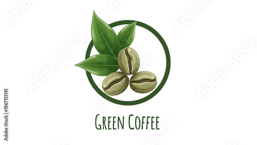 A circular logo featuring three green coffee beans and two fresh green leaves, with the text "Green Coffee" below.