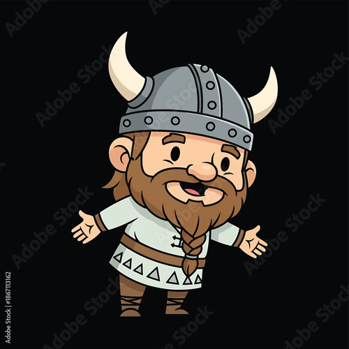 Cartoon Viking Warrior with Horned Helmet and Braided Beard.