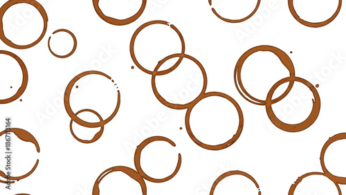 A seamless pattern of brown coffee cup rings on a white background.