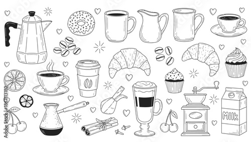 A charming hand-drawn collection of coffee-related items, including a moka pot, croissants, donuts, and various cups, perfect for cafe or breakfast themes.