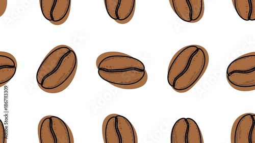 A repeating pattern of brown coffee beans with a subtle shadow, set against a clean white background.