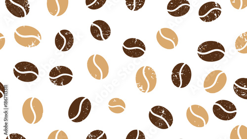 A seamless pattern of coffee beans, some light brown and some dark brown, scattered across a white background.