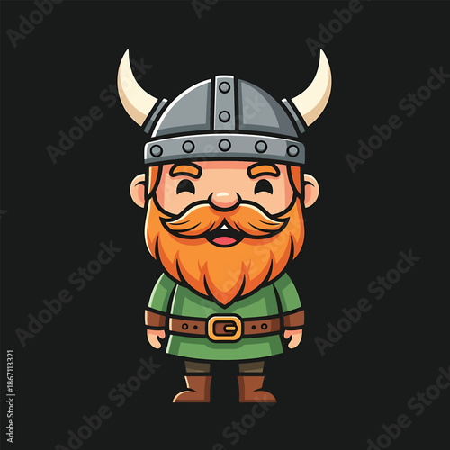 Cartoon Viking Warrior with Horned Helmet and Orange Beard.