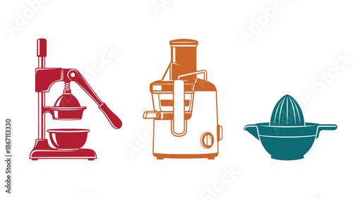 Collection of colorful kitchen tools for juicing fruits and vegetables