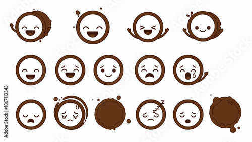 A collection of 15 cartoon coffee cup emojis with various facial expressions, including happy, sad, and crying.