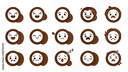 A collection of 15 cute cartoon cookies with various facial expressions, depicting different emotions like happiness, surprise, sadness, and sleepiness.