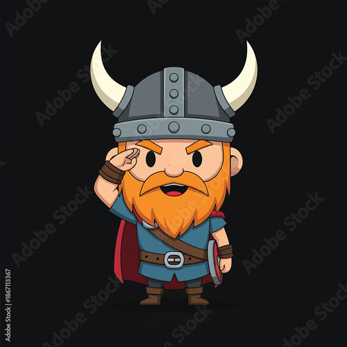 Cartoon Viking Warrior with Horned Helmet and Red Beard.