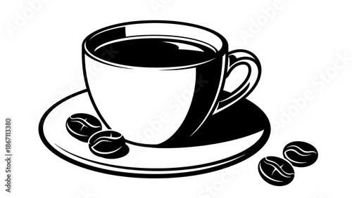 A black and white illustration of a coffee cup filled with dark coffee, resting on a saucer with three coffee beans, and three more beans scattered nearby.