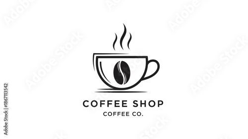 A minimalist black and white logo featuring a steaming coffee cup with a coffee bean inside, suitable for a coffee shop or coffee company.