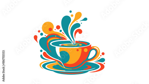 A vibrant and abstract illustration of a steaming cup of coffee with colorful splashes and swirls emanating from it.