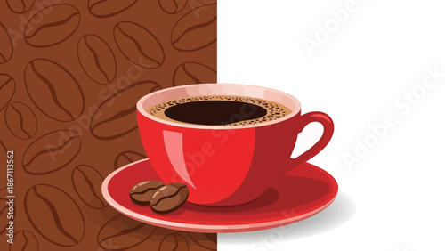 A vibrant red coffee cup filled with dark, steaming coffee sits on a matching saucer, adorned with two roasted coffee beans, against a backdrop of coffee bean patterns and a clean white space.