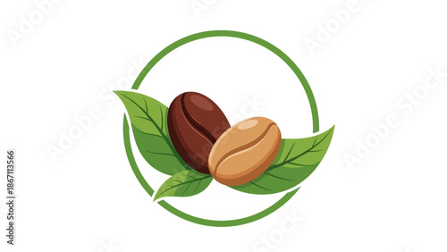A circular green logo featuring two coffee beans, one dark brown and one light tan, nestled among green leaves.