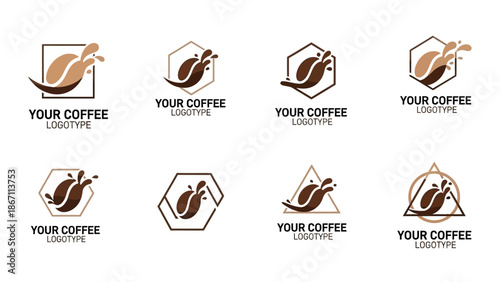A collection of eight coffee-themed logos featuring coffee beans and splashes within various geometric shapes like squares, hexagons, and triangles.