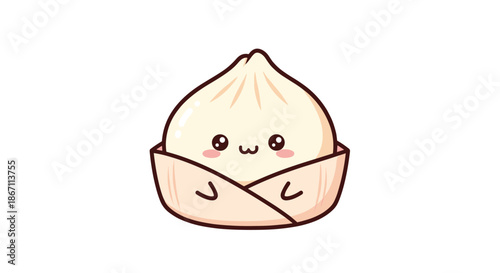 Adorable cartoon bao bun dumpling with a happy smiling face sitting in a bamboo steamer basket, cute food vector illustration.
