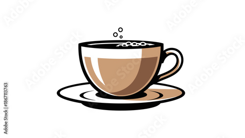 A stylized illustration of a steaming cup of coffee on a saucer, with small bubbles rising from the surface.