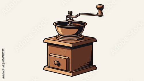 An illustration of a vintage wooden coffee grinder with a metal crank and drawer.