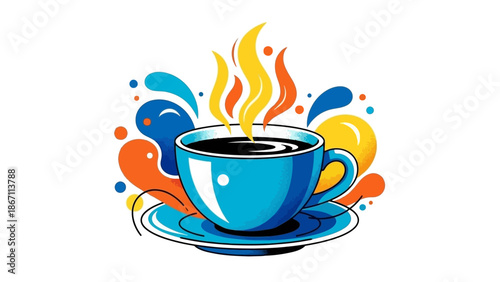 A vibrant illustration of a steaming cup of coffee on a saucer, surrounded by colorful abstract shapes and splashes.