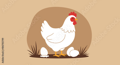 Farm illustration of a proud white hen standing near her nest of eggs, with one small egg beginning to hatch on the ground.