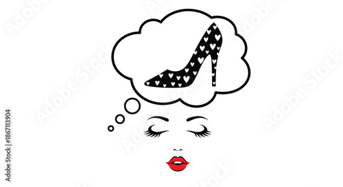 Stylish minimalist illustration of a womans face dreaming about a fashionable high-heeled shoe decorated with white hearts.