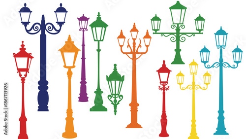 A colorful illustration of various street lamps on a white background