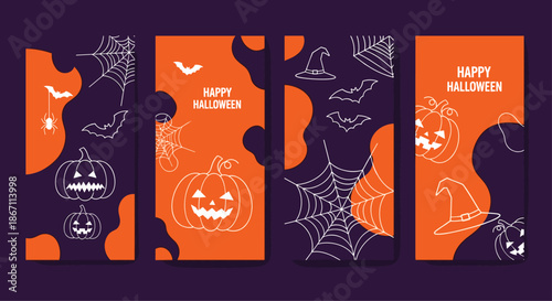 Collection of vertical halloween banners featuring spooky pumpkins, bats, spider webs, and witch hats on orange and purple.