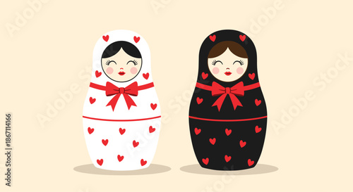 Two adorable matryoshka dolls decorated with red hearts standing side by side in contrasting black and white designs.