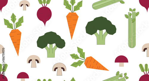 Healthy vegetable pattern containing flat illustrations of carrots, broccoli, beets, celery, and mushrooms on white.