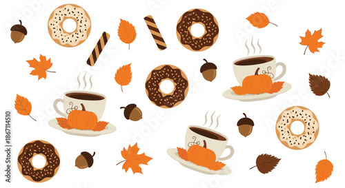 Autumn elements collection features warm coffee mugs with pumpkins, donuts, fall leaves, and acorns in a cozy seasonal flat lay.