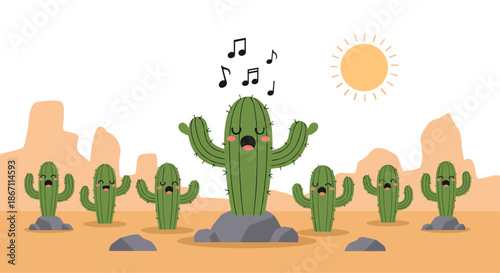 Happy cartoon cacti characters sing together in a desert landscape under a bright sun with musical notes floating in the air.