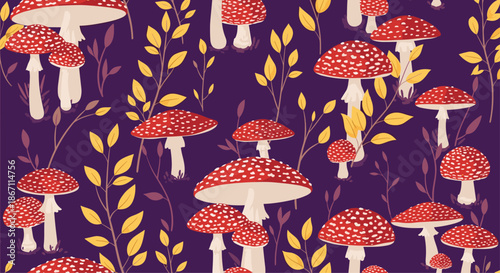 Vibrant mushroom pattern features red and white fungi with golden autumn leaves and purple stems on a dark background surface.
