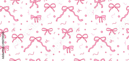 Coquette pink bows seamless pattern. Hand-drawn ribbon bow vintage decoration. Pattern for prints, banners, projects, packaging, holidays. Celebrate, valentine, love concept. Flat vector illustration.