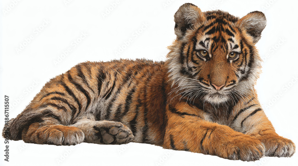 Obraz premium Tiger Laying White Background Stripes