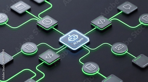 AI Agent Workflow Automation: Futuristic 3D visualization of a central Artificial Intelligence node distributing tasks (data, code, messaging, time) across a complex glowing network infrastructure.