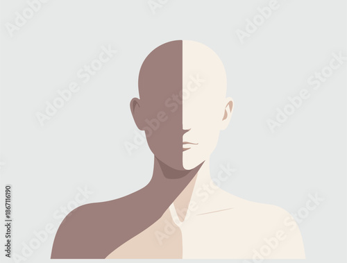 Split face illustration: Minimalist flat design portrait with light and dark sides