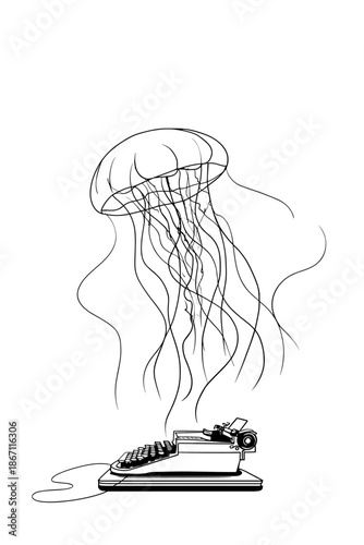 Surreal Combo of a Typewriter and Jellyfish