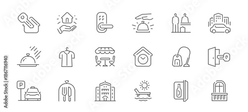 Vacation, travel symbols or signs. Hotel and accommodation set of outline icons. Motel, hostel concept