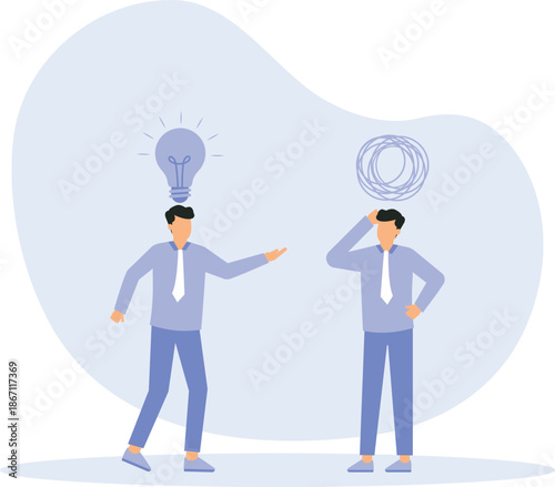 Proactive and reactive thinking, Simplify idea to solve difficulty problems concept, businessmen discussing work using creativity solving messy line into light bulb idea.
