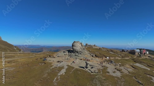 Cinematic Aerial Flyover Approaching and Soaring Above The Sphinx Rock Formation Bucegi 4K