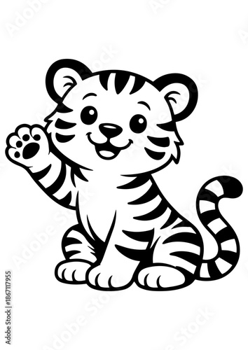 Cute tiger waving paw vector line art, black and white illustration for engrave, laser engrave and friendly decor
