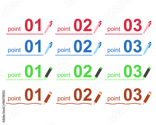 手書き風の可愛い数字ポイントアイコン123のセット。ペンと色鉛筆のイラスト付き、赤・青・緑・茶色の4色展開。教育用教材、ノートの装飾、ブログの図解、手帳デコに最適なデジタルステッカー風ベクター素材。