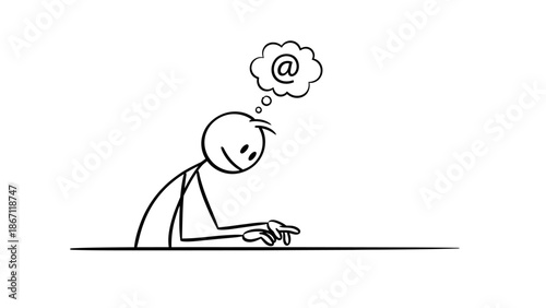 Stick Figure Man Thinking About Social Media or Email, Engaged with Online Communication on Isolated White Background