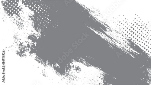 Abstract grunge background featuring a broad grey brush stroke overlaying a distressed white surface with scattered halftone dot patterns, creating a textured and artistic visual for projects