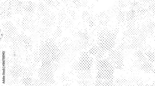 Abstract distressed background with a scattered pattern of grey halftone dots and subtle grunge textures on a white surface, providing a vintage or retro aesthetic for creative